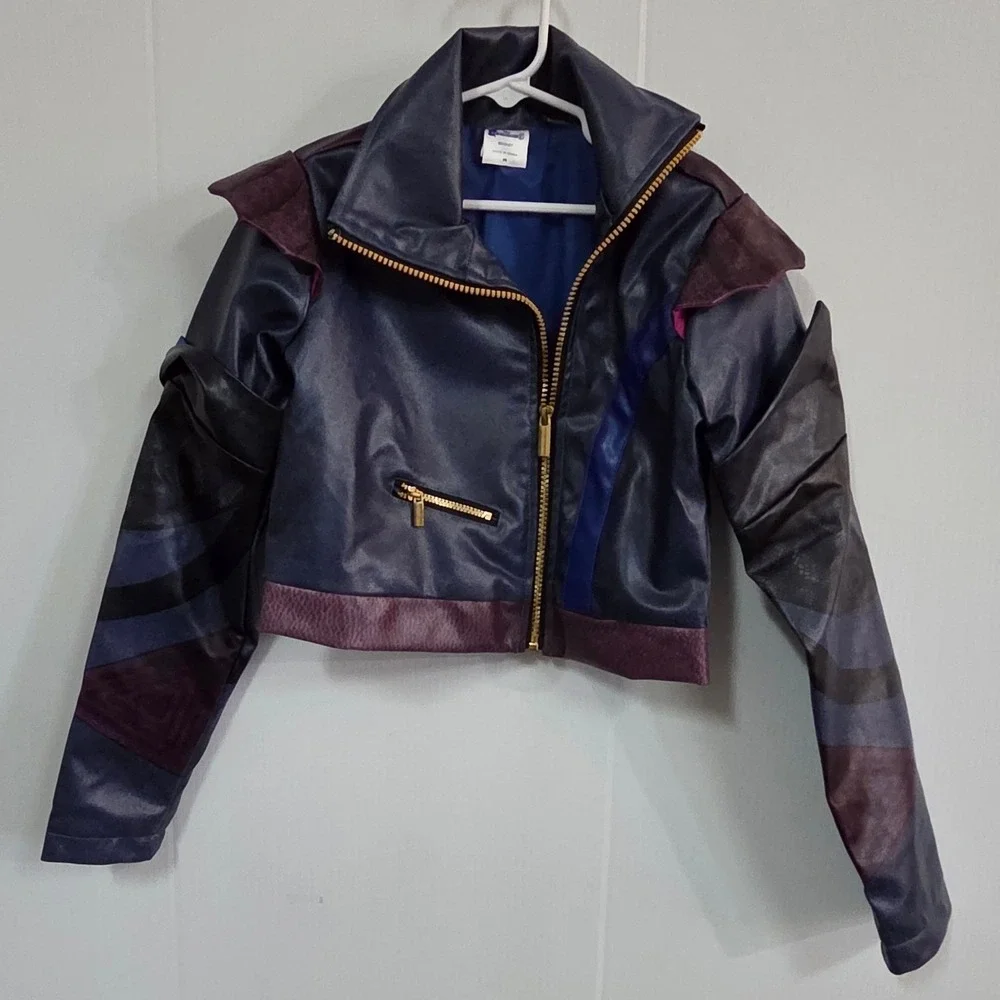 Disney Descendants 3 Mal Purple Faux Leather Moto Jacket Kids Medium Heart Back - Picture 6 of 7